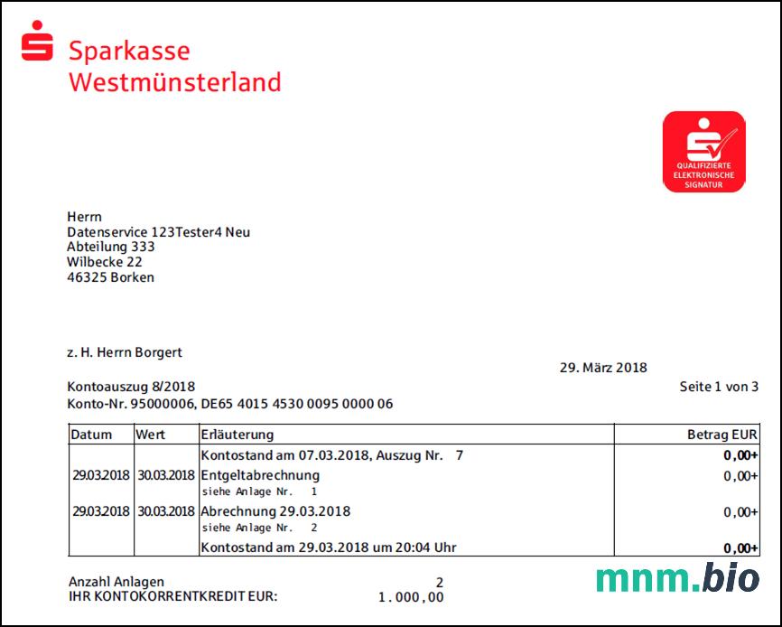 Niemcy Sparkasse UnnaKamen wyciąg bankowy słowo i szablon PDF